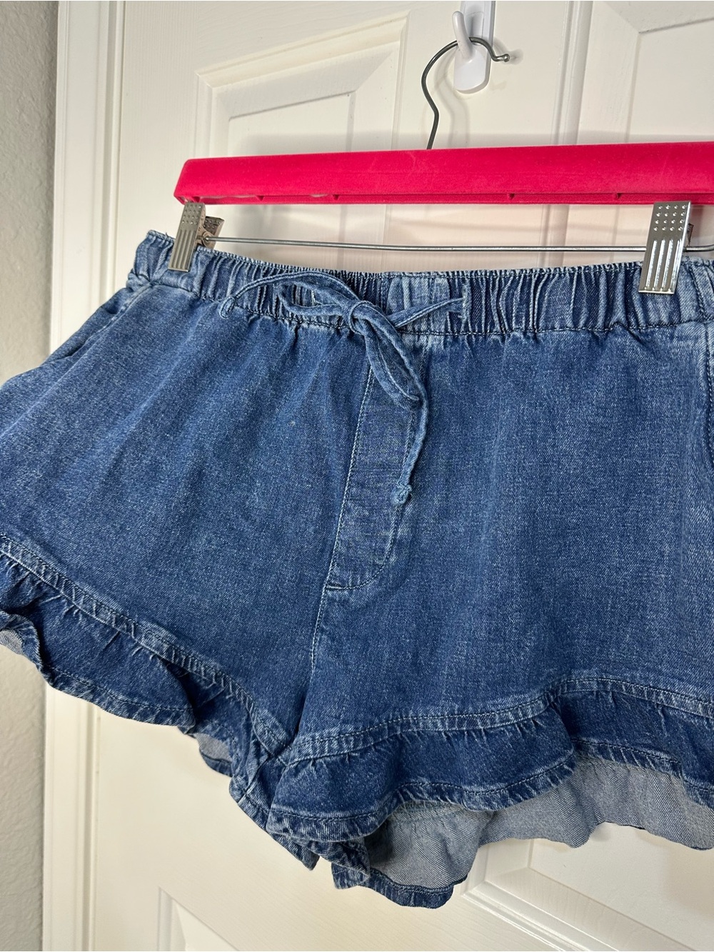 American Eagle AE Stretch Medium Wash Linen Blend Ruffle Pull On Short M Whimsy - Picture 3 of 8